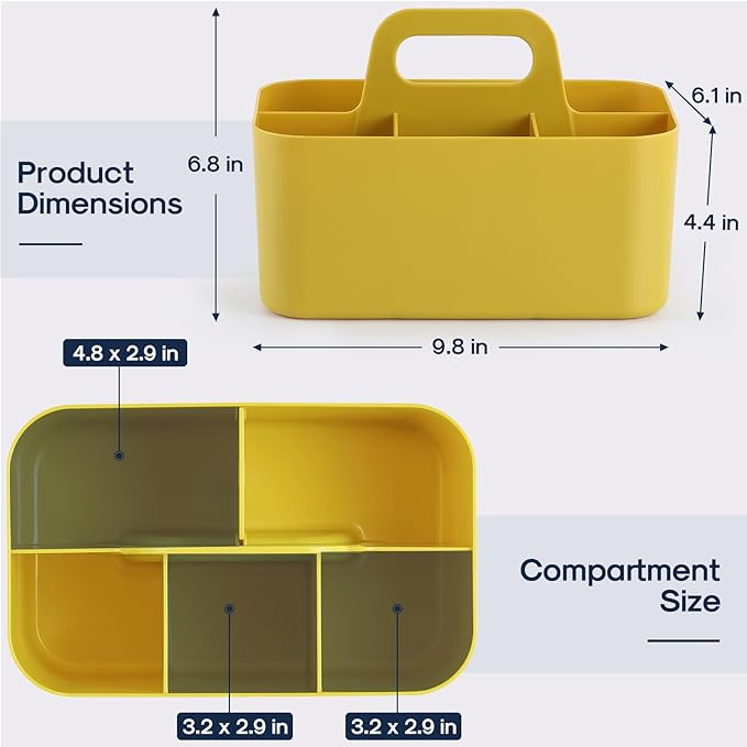 Multiuse Caddy Organizer with Handle, Portable Divided Plastic Tote Bin - Art Craft, Stationary Pen Marker Crayon, Makeup Hair Supplies Storage - Bathroom, Classroom, Dorm, Office, Desk Holder -Yellow