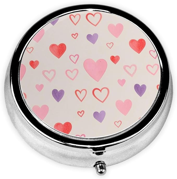 Small Pill Organizer, Round Metal Dispenser, Portable Case for Fish Oil, Travel Pill Box Purse Essential, Cute Love Hearts