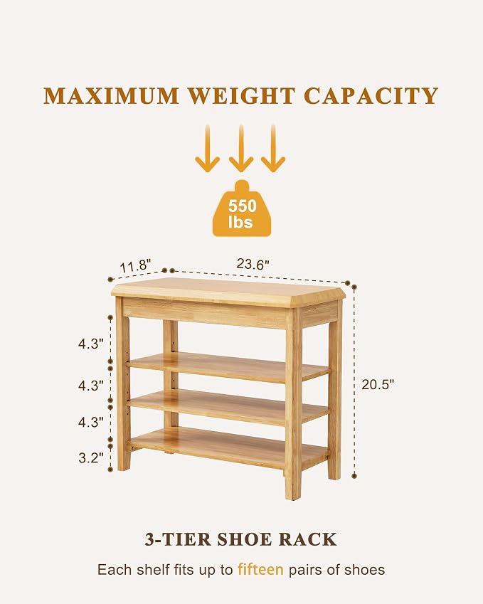 IUNVR Shoe Rack Bench Seat Rubberwood 3-Tier Wooden Storage Bench 550lbs Compact Mid-Century Modern Design for Entryway, Hallway, Closet, Front Door Entrance, Foyer