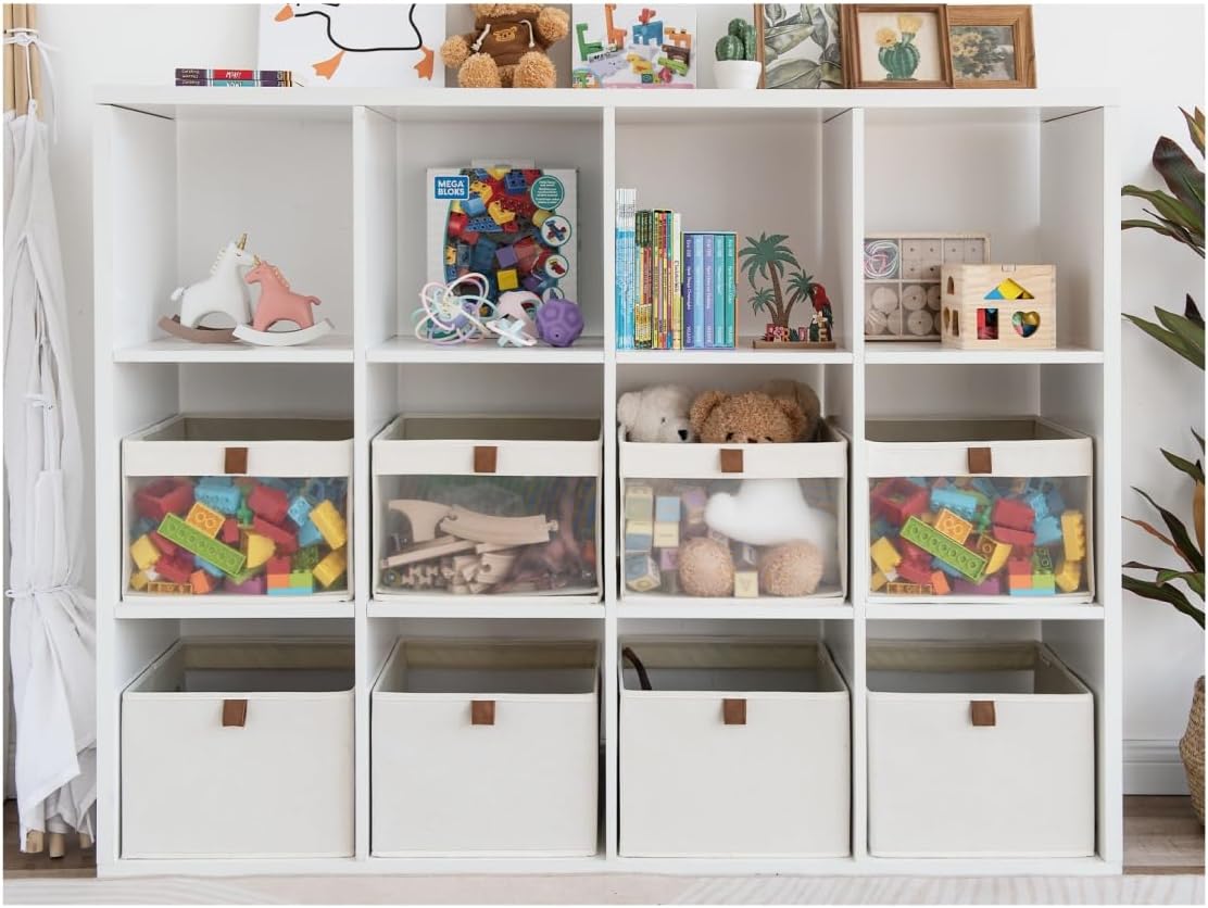 StorageWorks Fabric Storage Bins, Linen Closet Organizer, Beige, 3-Pack | See-Through Mesh Front, Soft Leather Handles, Flip to Show/Hide, For Closet, Shelves, Holds Clothes, Towels, Blankets, Toys
