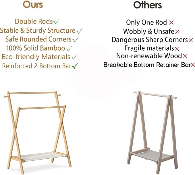 BAMBOOHOMIE Kids Clothing Rack, Small Clothes Rack for Toddler Pets, Kids Dress Up Rack with Storage Shelf & Double Rods, Foldable Kids Clothes Rack for Nursery Child's Room (Regular Size)