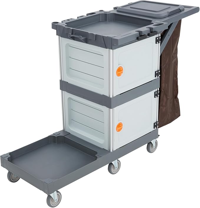Commercial Janitorial Cleaning Cart 3-Shelf 2-Cabinet Housekeeping Cart with Lockable Wheels Oxford Bag and Cover Heavy Duty for School Hotel Apartment