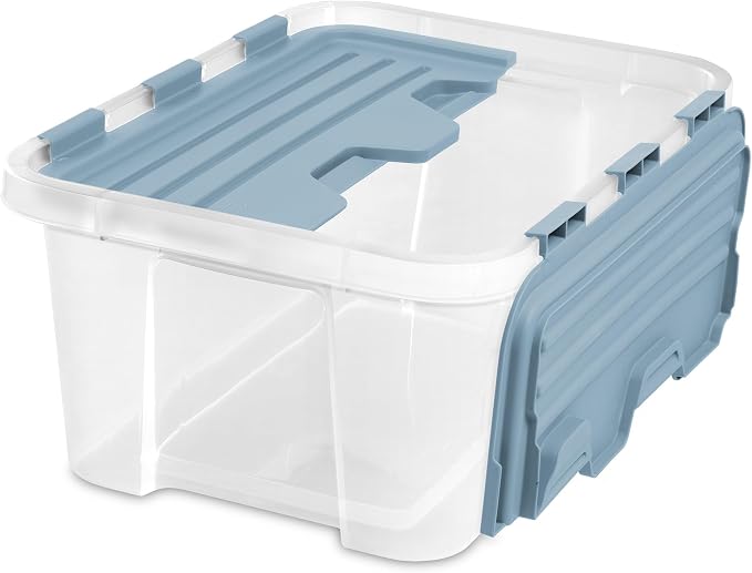 Sterilite Hinged Lid Storage Box Plastic Container, 20 Quart, 12-Pack | Washed Blue - Home Organizer Tote for Storing Shoes, Crafts, Clothing, or Decor