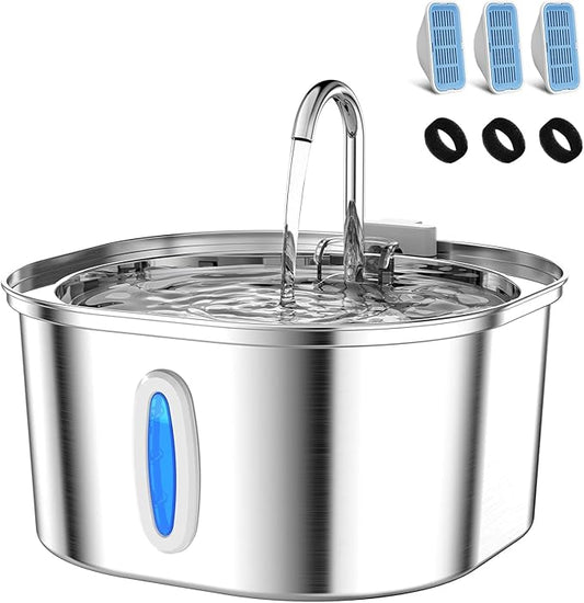 PEKTACO Stainless Steel Cat Water Fountain, 3.2L/108oz Cat Water Dispenser with Quiet Water Pump, Dishwasher Safe Pet Drinking Fountain for Cats with 3 Filters + 3 Sponges