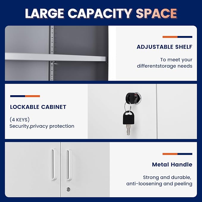 Metal Storage Locking Cabinet with 4 Doors and 2 Adjustable Shelves,71" Lockable Garage Tall Steel Cabinet,for Home Office,Living Room,Pantry,Gym,Commercial Storage (Gray White)