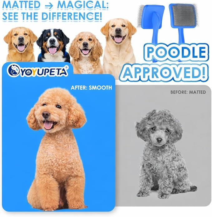 Large Dog Slicker Brush for Goldendoodles, Poodles - 3 in 1 Grooming Kit with Undercoat Rake, Comb - Extra Long Pins for Dematting Great Pyrenees, Thick Coats, Shedding, Detangling, Blue
