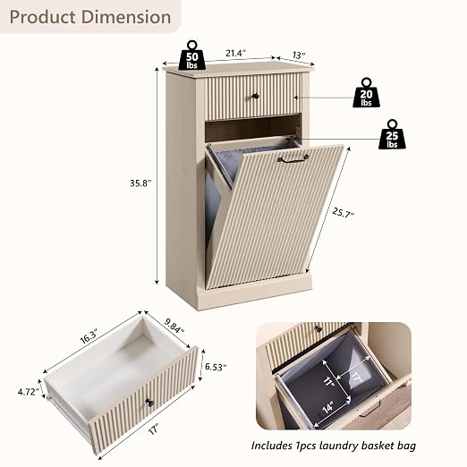 IFGET Tilt-Out Trash Can Cabinet, Modern Laundry Hamper Cabinet, Cream
