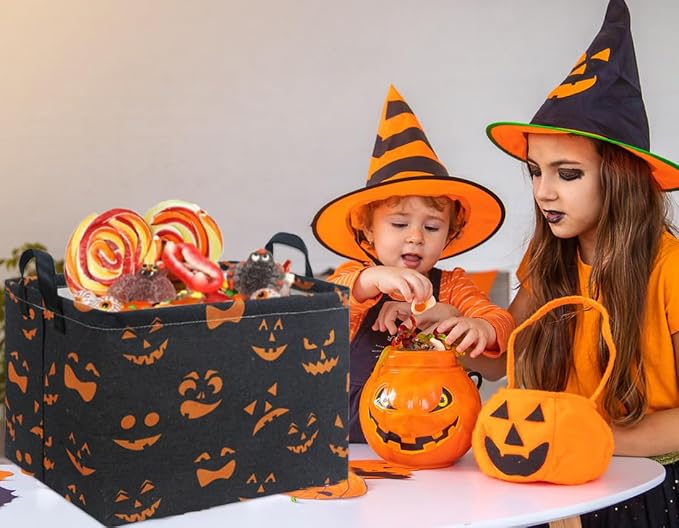 Rectangular Halloween Basket for Boys and Girls Kids Trick or Treat Pumpkin Basket for Halloween Parties Cute Storage Bin Organizer Box Room Decor(Black Pumpkin Face)
