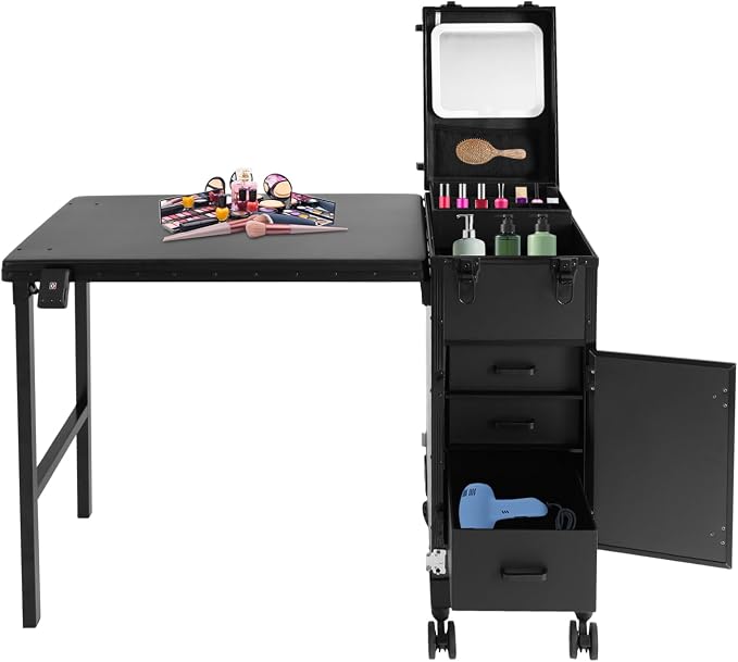 Rolling Makeup Case with 3 Drawers, Portable Manicure Table Lockable Makeup Train Case with Foldable Portable Nail Desk Cosmetic Travel Case with LED Light & Key for Hair Barbers/Stylists