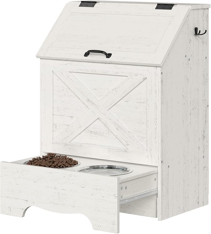 HOOBRO Dog Feeding Station with Sliding Drawer and 2 Hidden Bowls, Pet Feeding Station with Flip-Up Door, Dog Food Storage Cabinet with 2 Hooks for Living Room and Bedroom, Cloud White WT03PO03