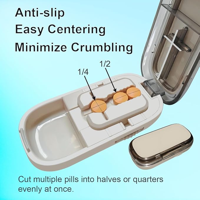 Pill Cutter for Cutting Multiple Pills, 1/2 1/4 Pill Splitter for Large, Small and Tiny Pills, with Improved Sharp Blade, Storage Organizer, Centering Device