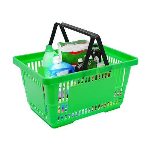 12PCS Shopping Baskets with Handles, 19x13x10inch Plastic Storage Bins Grocery Baskets, Portable Shop Basket Used for Supermarket, Retail, Bookstore (Green)