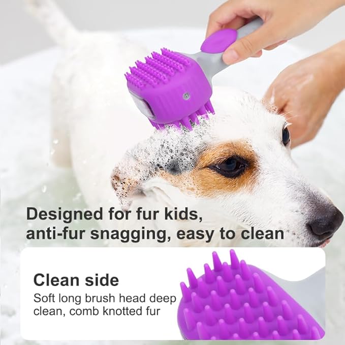 Pet Dog Bath Brush, 2 in 1 Silicone Brush Bathing Grooming Massage Brush with 6.8oz Shampoo Dispenser for Long & Short Haired Dogs Cats Shower