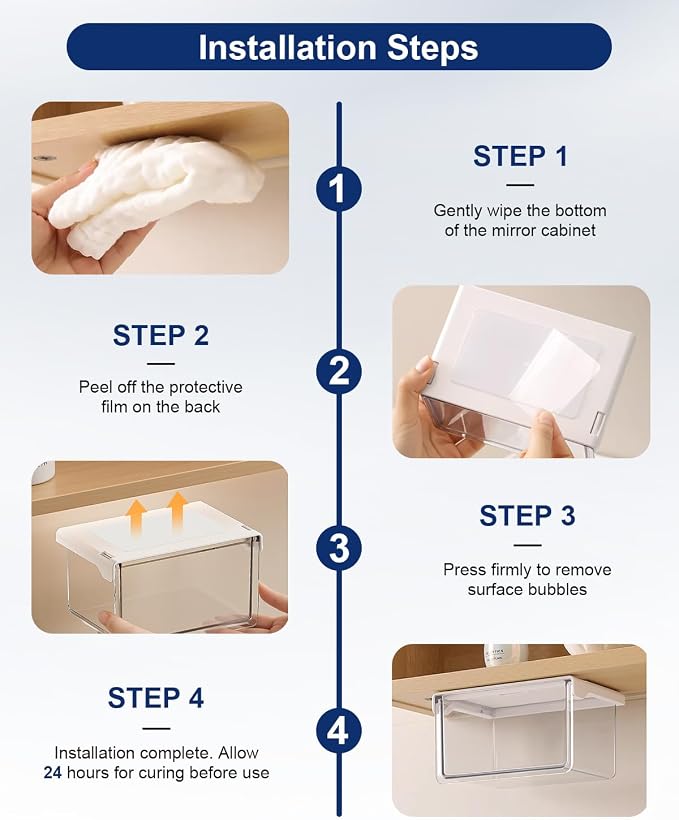 Hanging Cabinet Organizer – 33° Tilted Under Desk Drawer & Bathroom Storage – Self-Adhesive Clear Pull-Out Bins for Kitchen, Office & Vanity (Medium)