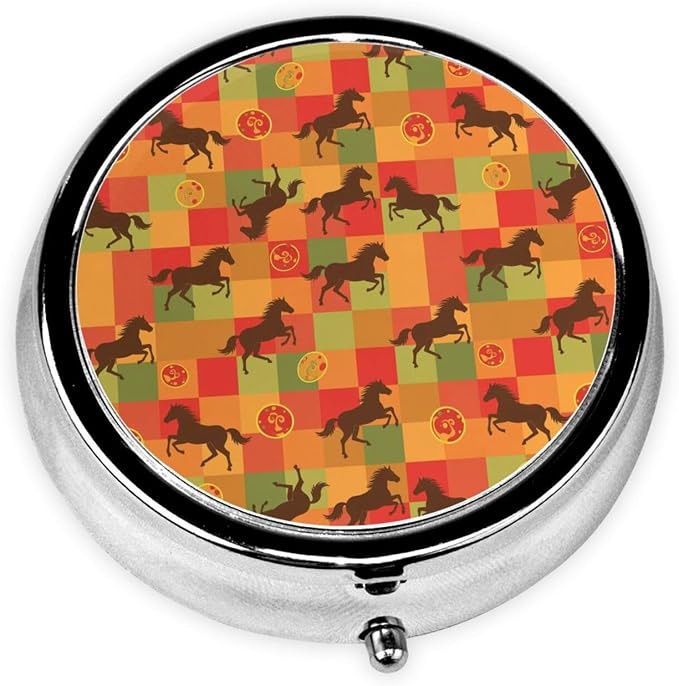 Round Pill Holder, Waterproof Organizer Case, Compact Travel Pill Box for Vitamins, Pocket Purse Use for Seniors, Horse Red Plaid