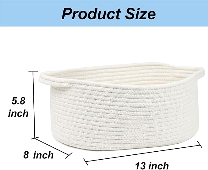 Woven Cotton Rope Storage Basket with Handle, White, 13 Inch | Empty Gift Basket, Bathroom and Closet Organizer, Nursery Toy Storage, Decorative Boho Basket, Shelf Storage Bin