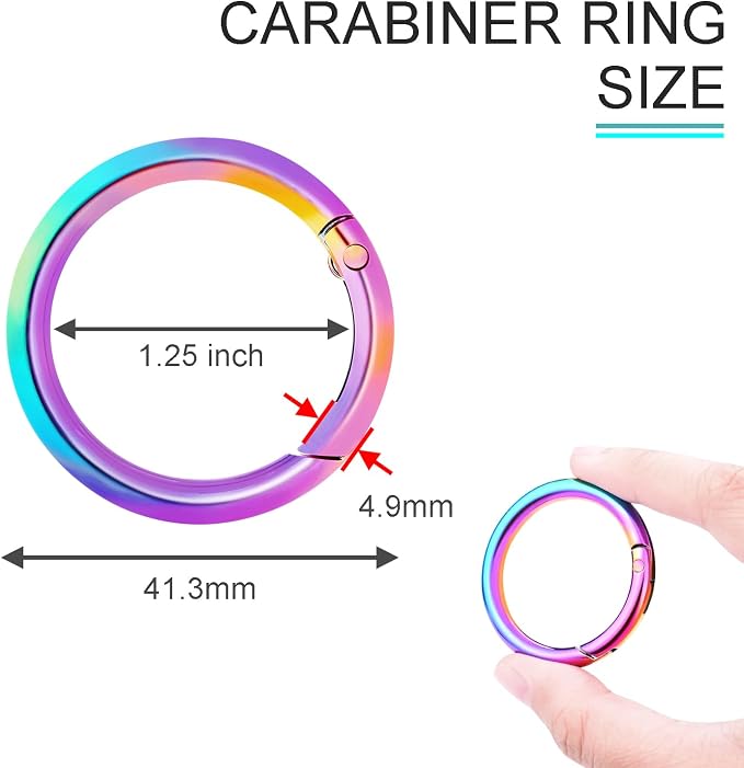 CooBigo 10Pack 1-1/4 Inch Large Round Rainbow Carabiner Clips, Metal Spring O Ring Keychain Rings for Purse Chain Ring Clip Dog Tags Clip Replacement Paracord Keychain Lanyard Leather DIY Crafts