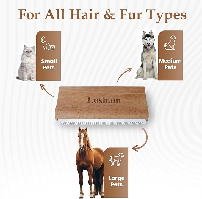 Deshedding Brush for Dogs, Cats & Horse| Pet Grooming Brush | Removes Loose Fur, Dirt & Hair | Detangle | Undercoat | Nature wood color | Reduces Shedding by 95%