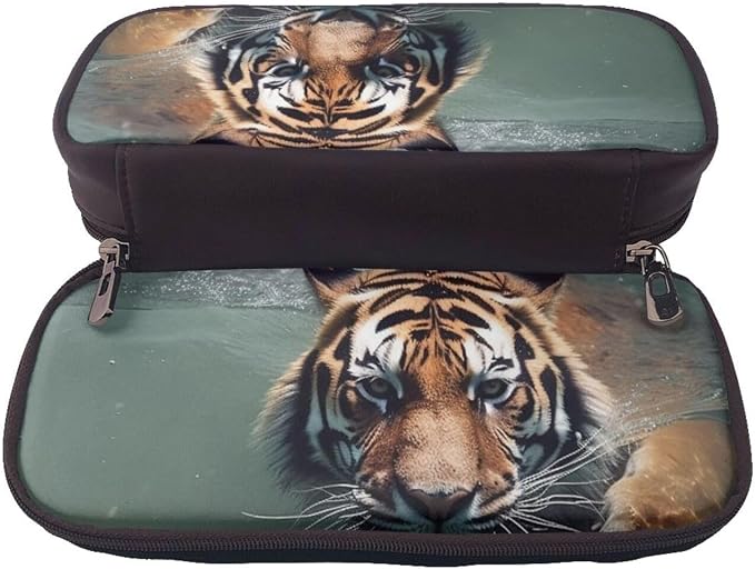 Leather Pencil Case Organizer Big Capacity Pencil Pouch Storage Bag With Compartments Cute Pencil Bag Tiger Swimming Pen Box Portable Cosmetic Makeup Bag Organizer