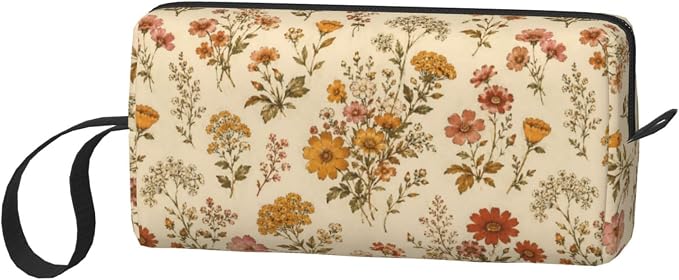 70s Vintage Wildflower Makeup Bag for Women | Small Travel Cosmetic Pouch with Zipper, Compact Makeup Organizer Bag for Purse, Toiletries, Skincare & Daily Essentials