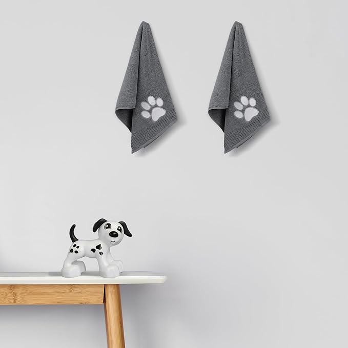 SmoothNovelty 2 Pcs Dog Paw Hand Towels Dark Grey Bathroom Decor 13 x 29 Inch 100% Cotton Embroidered Hand Towels Soft Absorbent Farmhouse for Kitchen Restroom