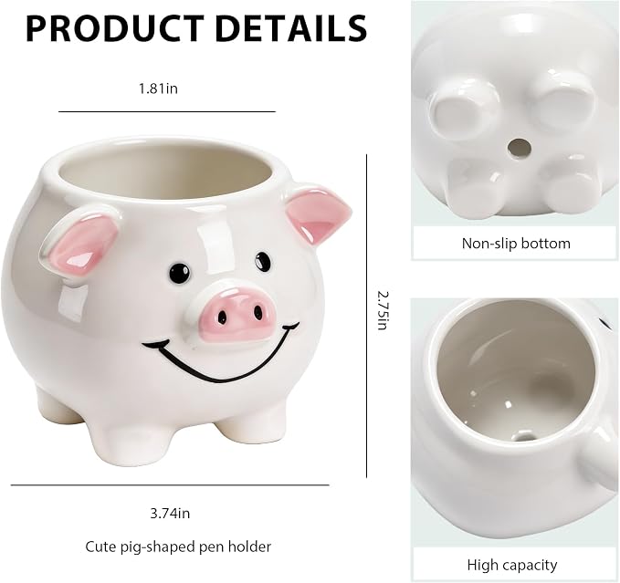 Ceramic Pig Shaped Pen Pencil Holder for Desk Decoration Accessories Pig Decor Makeup Brush Pen Cups Succulent Plant Pot Office School Ideal Gifts for Women, Mom or Birthdays