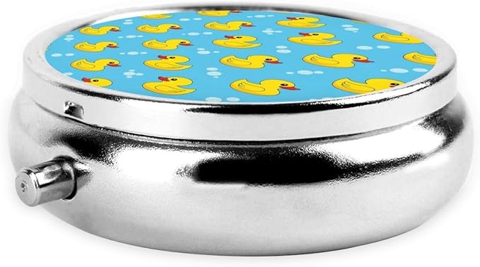 Compact Pill Case, Metal Round Holder for Supplements, Purse Pocket Organizer Travel Essential, Yellow Rubber Ducks Soap Bubbles Blue