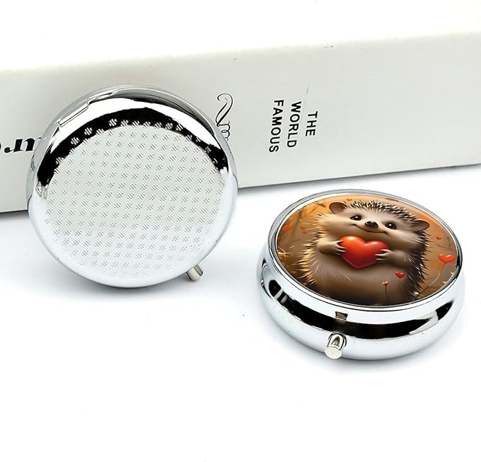 Hedgehog Heart Autumn Metal Round Pill Box, 3 Compartment Travel Organizer, Portable Pill Container with Secure Latch, 2 Inch Circular Vitamin Caddy for Pills and Vitamins, Gift for Him Her Elderly