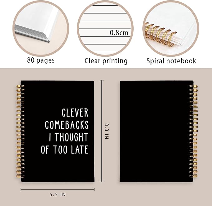 Funny Notebooks Journal, Clever Comebacks Notebooks for Work | Funny Office Gifts for Coworkers, Funny Notebooks for Work, Office Humor Gifts, Black Hardcover Spiral Notebook 5.5x8.3 Inch