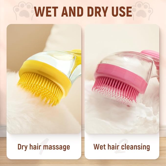 2025 New Pet Bath Brush, 2 in 1 Dog Bathing Grooming Massage Brush with Shampoo Dispenser, Dog Scrubber for Long Short Haired Dogs and Cats (Yellow)