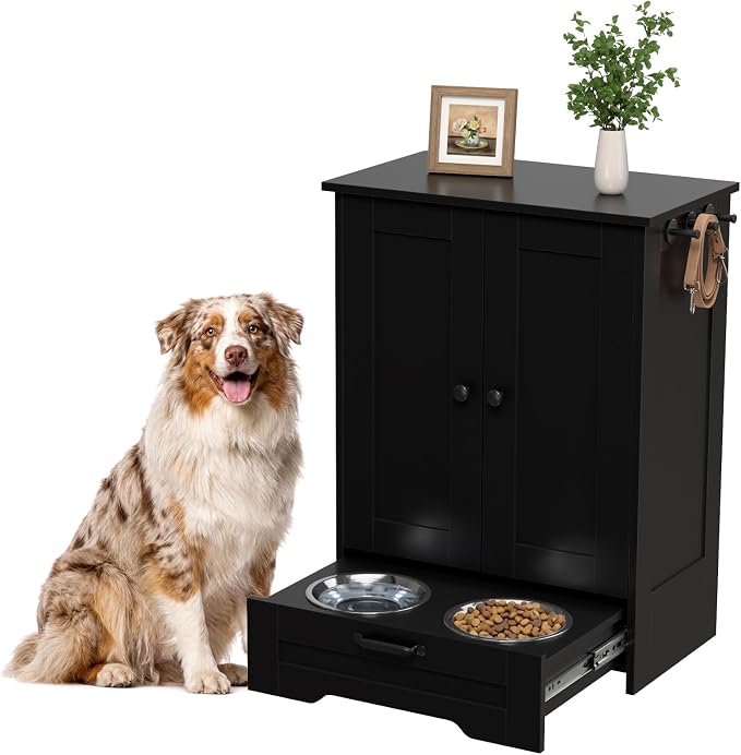 Dog Feeding Station with Storage Cabinet, Black Wood Dog Cabinet with 2 Elevated Stainless Steel Bowls, Hidden Pull-Out Feeder Drawer, Pet Feeding Station for Kitchen and Living Room