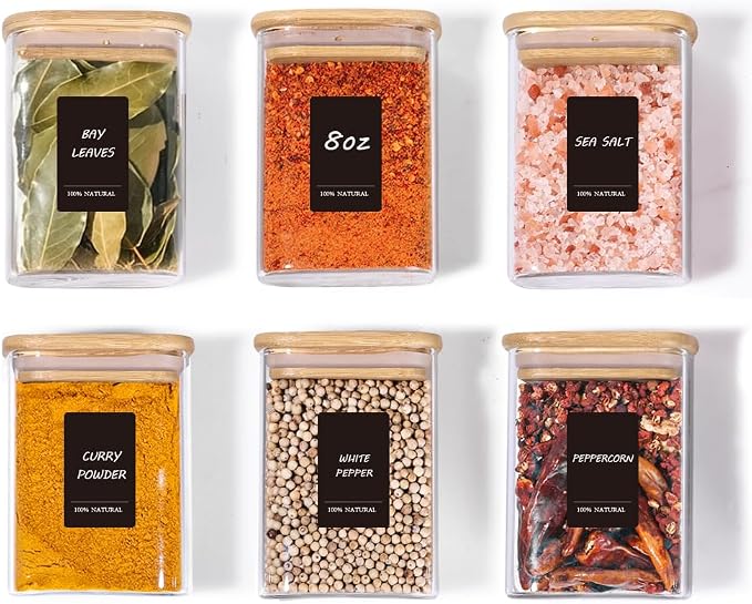 ComSaf Glass Spice Jars 8oz Set of 6, Seasoning Containers with 9 Labels | Small Glass Jars with Labels, Empty Rectangle Canisters, Spice Rack Organization, Loose Tea, Herb, Powder, Dry Good, BPA Free