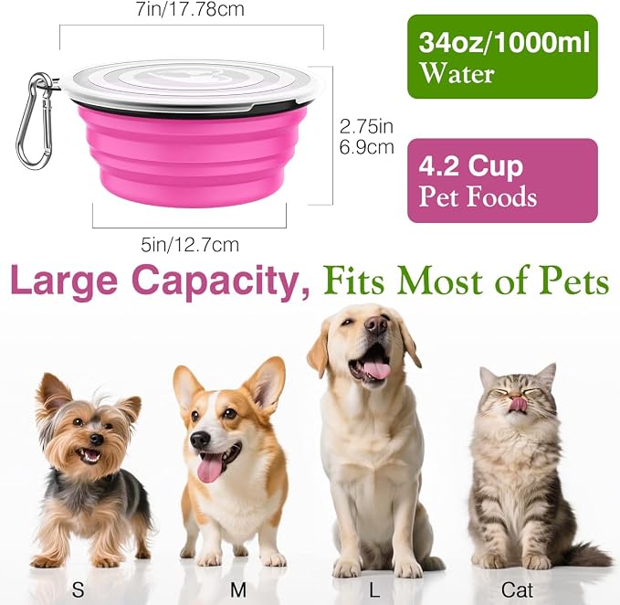 Pawaboo Collapsible Travel Dog Bowls 2 Pack with Lids&Carabiners Silicone | Feeding Watering Bowls for Dogs Cats, Collapsable Water Feeder Food Bowl for Walking Traveling Home Use, Pink + Green