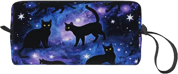 Black Cats Galaxy Stars Makeup Bag for Women with Wrist Strap | Durable 600D Oxford Fabric Cosmetic Organizer,Compact Travel Pouch with Handle for Gym & Daily Use