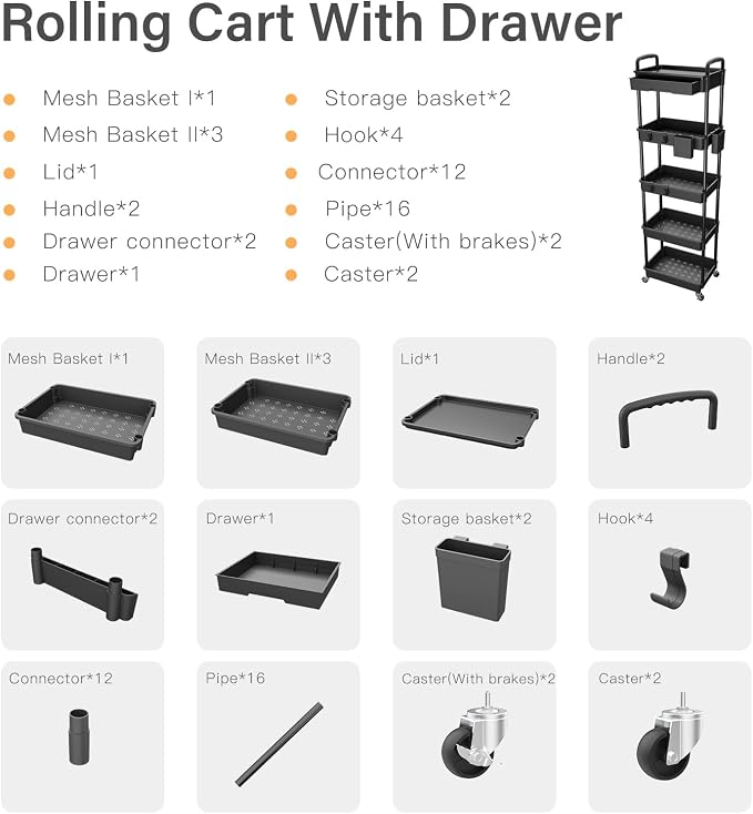 5 Tier Rolling Utility Cart with Drawer,REBECAT Utility Cart Made of Multifunctional Storage Organizer Tool for Kitchen,Bathroom,Living Room,Office(Black)