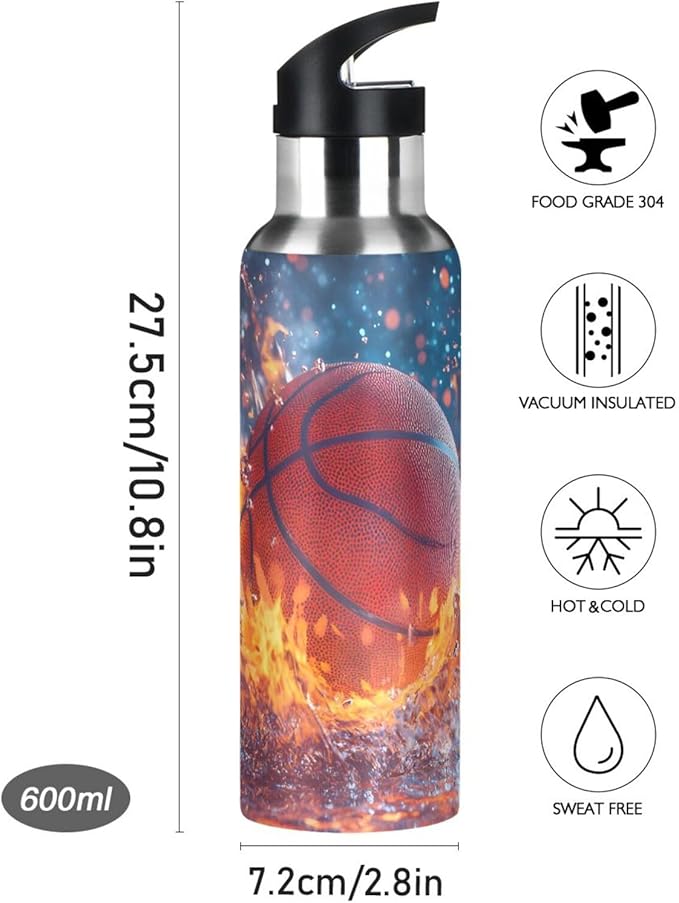 Basketball Ball Fire Water Bottle with Straw Lid Kids Insulated Stainless Steel Water Flask Sports, 20 Oz Hot Cold