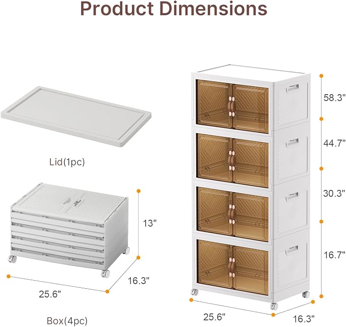 Stackable Storage Bins with Lids, 960QT Lockable Storage Cabinet | Folding Storage Box with Doors and Wheels, Collapsible Plastic Drawers for Home, Garage, Office