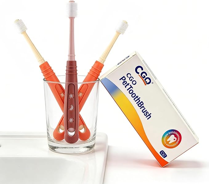 CGO Silicone 360° Toothbrush for Small Dogs & Cats - 3 Pack Round Head Pet Toothbrush, Gentle Chewable Brush with Soft Bristles, Dental Care Kit for Puppy Kitten Oral Hygiene (2 Orange, 1 Brown)