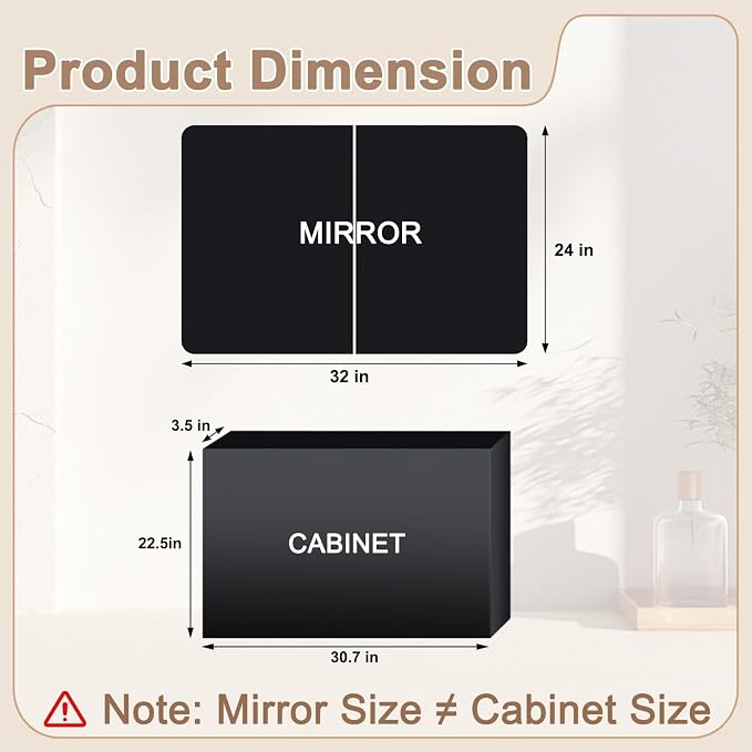 32x24 in Double Door Medicine Cabinet with Mirror, Matte Black | Fully Assembled; Recessed or Surface Wall Mount; Metal Cabinet with Tempered Glass Mirror and Two Adjustable Glass Shelves