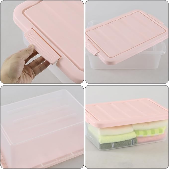 Wekioger Set of 2 Versatile Organizer Container Bin with Pink Lid, 14 Quart