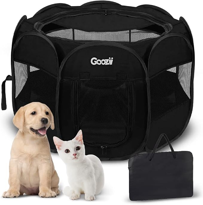 GOOZII Puppy Playpen Indoor for Small Dogs, Portalble Pet Dog Play Pens Kennel Crate with Top Cover Floor Door Enclosed for Large Cats Animal as Dog Lovers (Black, Medium Size)