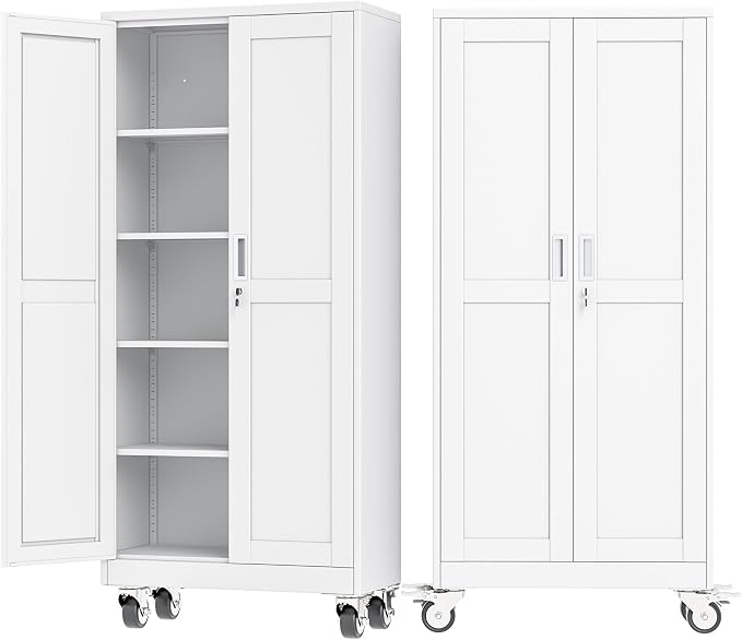 Ckzbx Metal Garage Storage Cabinet with Locking Doors and Adjustable Shelves,71" H Rolling Tool Storage with Wheels for Garage,Office (White)