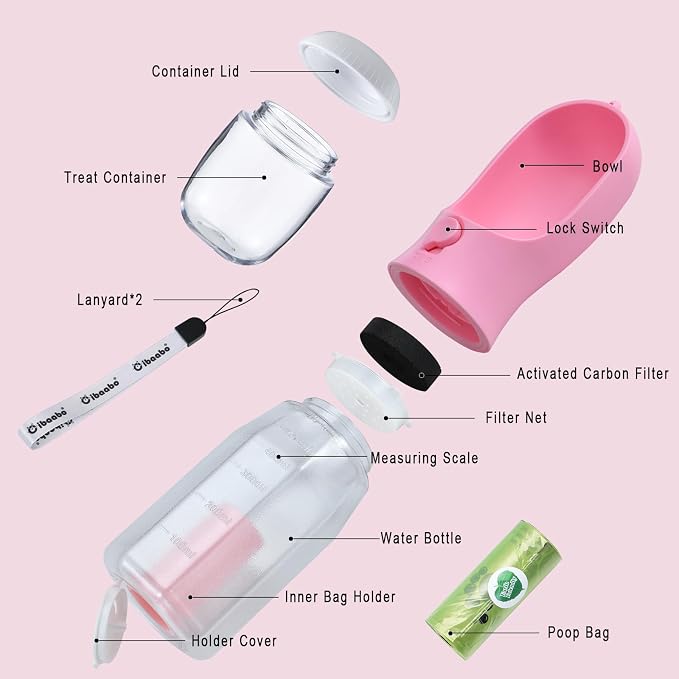 Cibaabo Dog Water Bottle with Food Container & Poop Bag Holder & Filter | Feeding & Hydration & Waste All in One | Travel Puppy Water Bowl | Portable Pet Dispenser | Dog Gifts | for Walking Beach