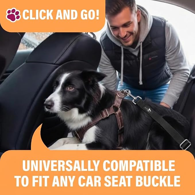 Black Car Seat Belt for Dogs 2 Pack, Attaches to Harness & Collar, Adjusts 18" - 24" Safety & Comfort Travel Restraint System Fits Small - Large Pups, Seatbelt Pet Supplies & Accessories
