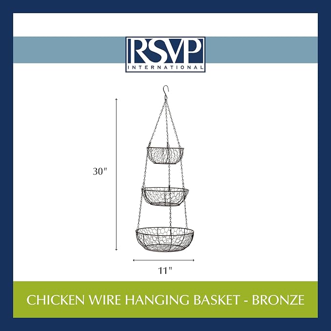 RSVP International Hanging Storage Collection 3-Tier Baskets, Bronze Chicken Wire