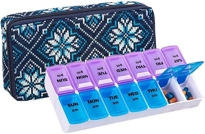 Weekly Pill Organizer 2 Times a Day, Zumd Pill Box 7 Day with Cute Quilted Fabric Zipper Case, Travel Pill Case Am Pm for Vitamin Medicine Organizer