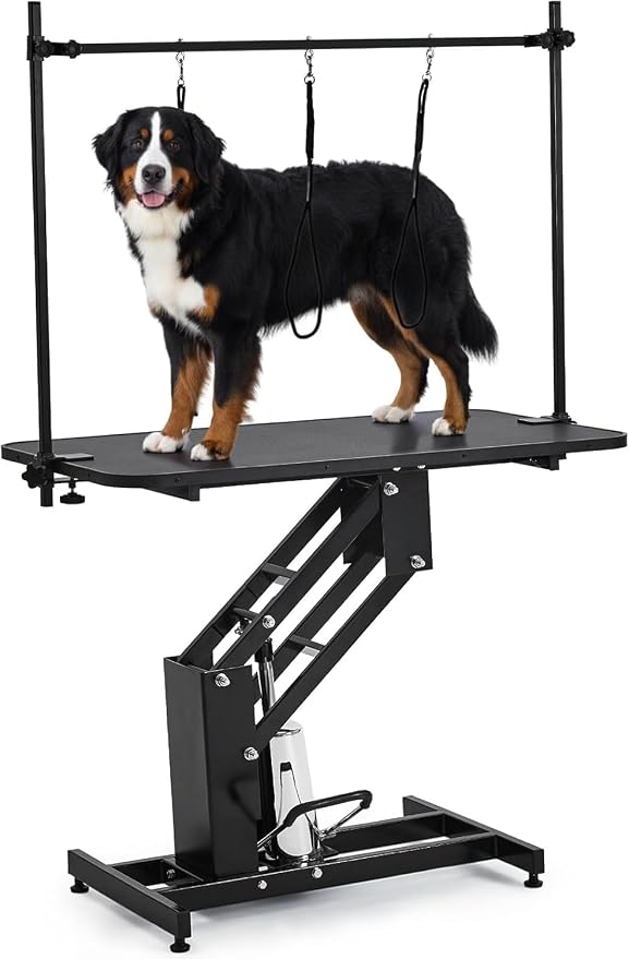 Garvee 43.3" Hydraulic Dog Grooming Table with Max 350 LBS Loading Capacity | Adjustable Height Range 22-39 in, 3 Adjsutable Nooses, Professional Pet Grooming Table, Home Use, Heavy Duty, Black
