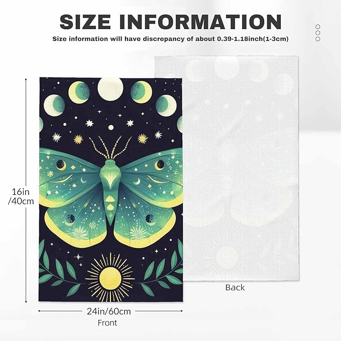Green Moon Moth Kitchen Towels Set of 2 Mystical Magical Astrology Butterfly Boho Celestial Dish Towels Absorbent Soft Hand Tea Bar Towels for Farmhouse Home Decor 16"X24"