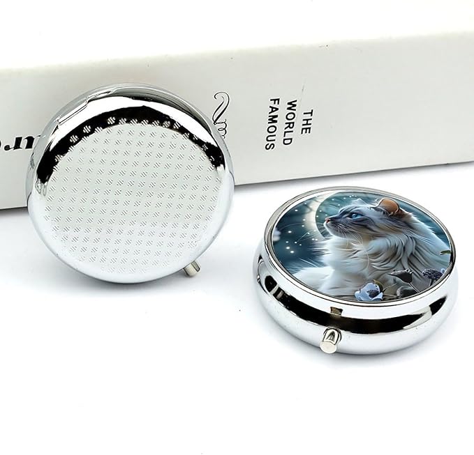 White Cat Pattern Metal Round Pill Box, 3 Compartment Travel Organizer, Portable Pill Container with Secure Latch, 2 Inch Circular Vitamin Caddy for Pills and Vitamins, Gift for Him Her Elderly