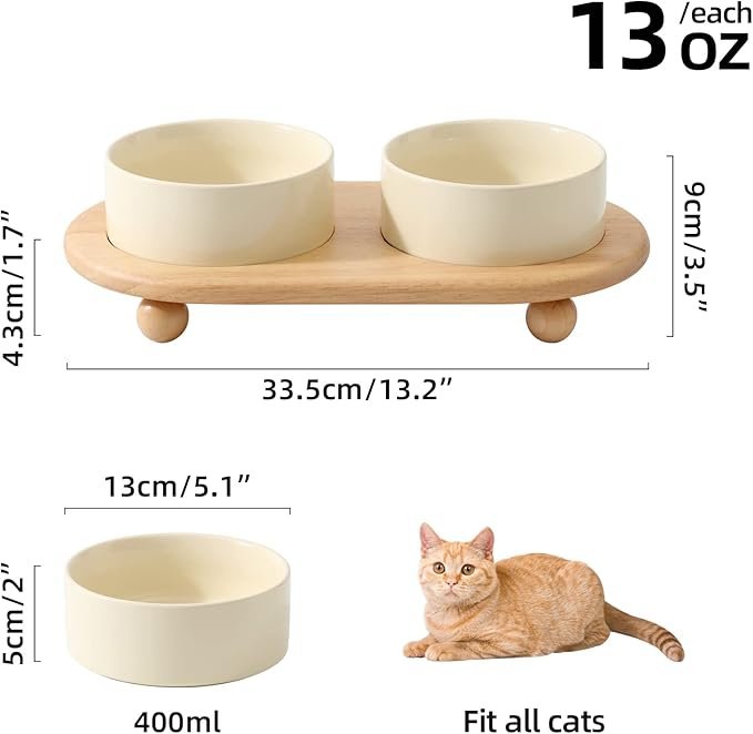 Havniva Ceramic Elevated Cat Food and Water Bowl, Kitty Bowl, Raised Cat Dish, Pet Feeder (5.1 in, 2 xLight Yellow + Stand)